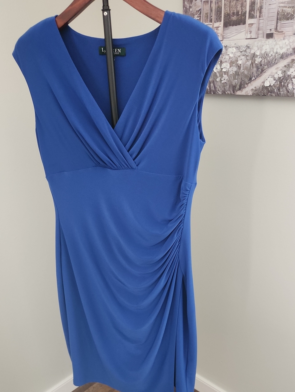 Lauren Ralph Lauren Dress Size 10 Cobalt Blue Ruched Faux Wrap Sheath